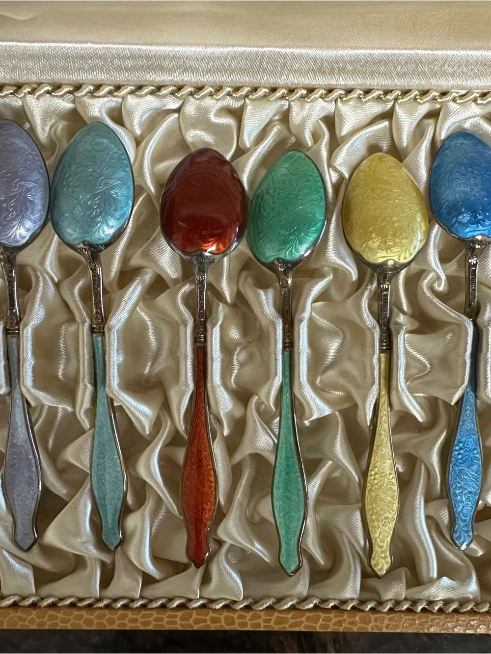 Rare G. Hellström Sterling Silver Enamel Demitasse Spoon Set - Multicolor